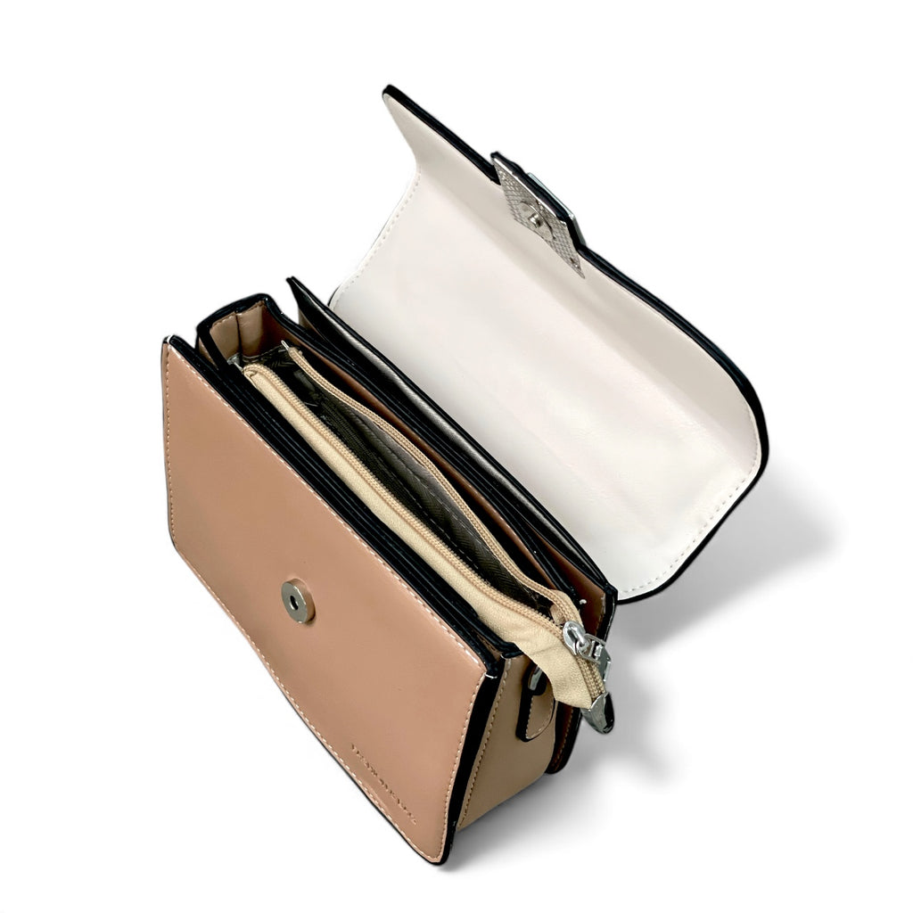 Elegant Two-Tone Beige & Ivory Two-Tone Top-Handle Bag – Soft Neutral Satchel – Compact Chic