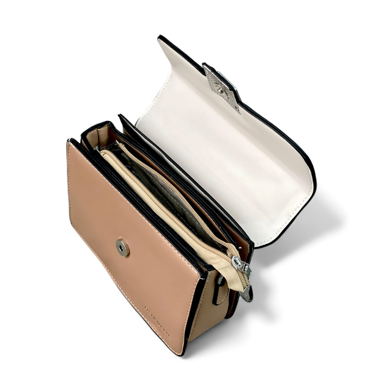 Elegant Two-Tone Beige & Ivory Two-Tone Top-Handle Bag – Soft Neutral Satchel – Compact Chic