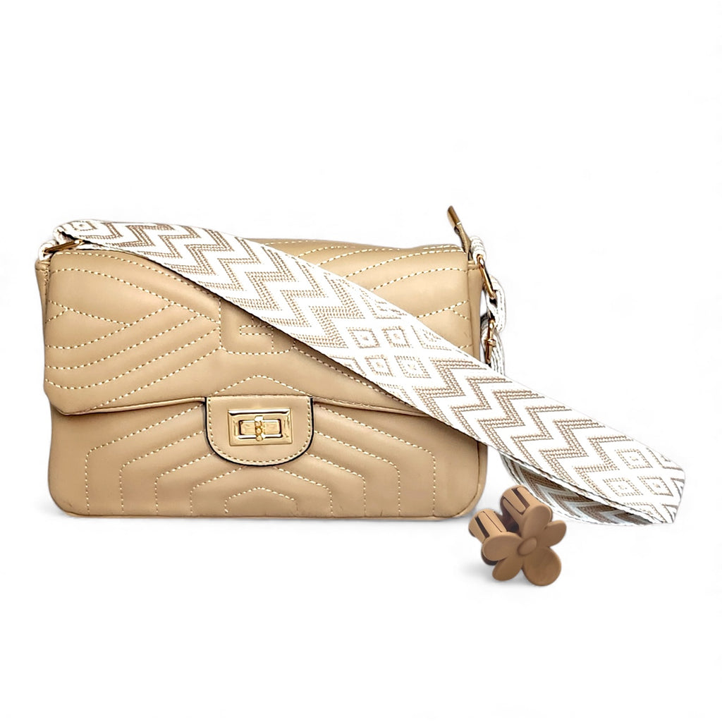 Beige Quilted Flap Shoulder Bag with Twist Lock – Elegant Women’s Handbag - With Free Gift