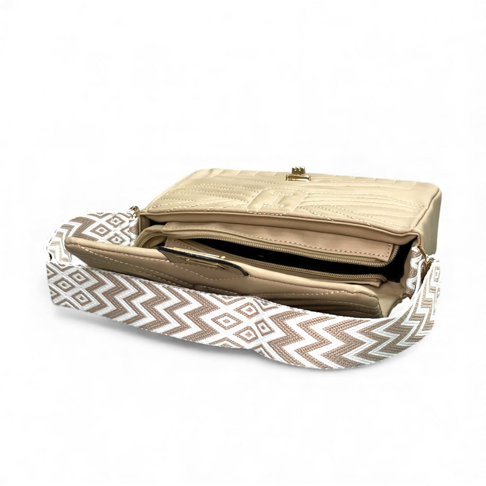Beige Quilted Flap Shoulder Bag with Twist Lock – Elegant Women’s Handbag - With Free Gift