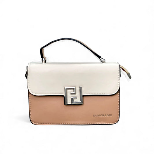Elegant Two-Tone Beige & Ivory Two-Tone Top-Handle Bag – Soft Neutral Satchel – Compact Chic