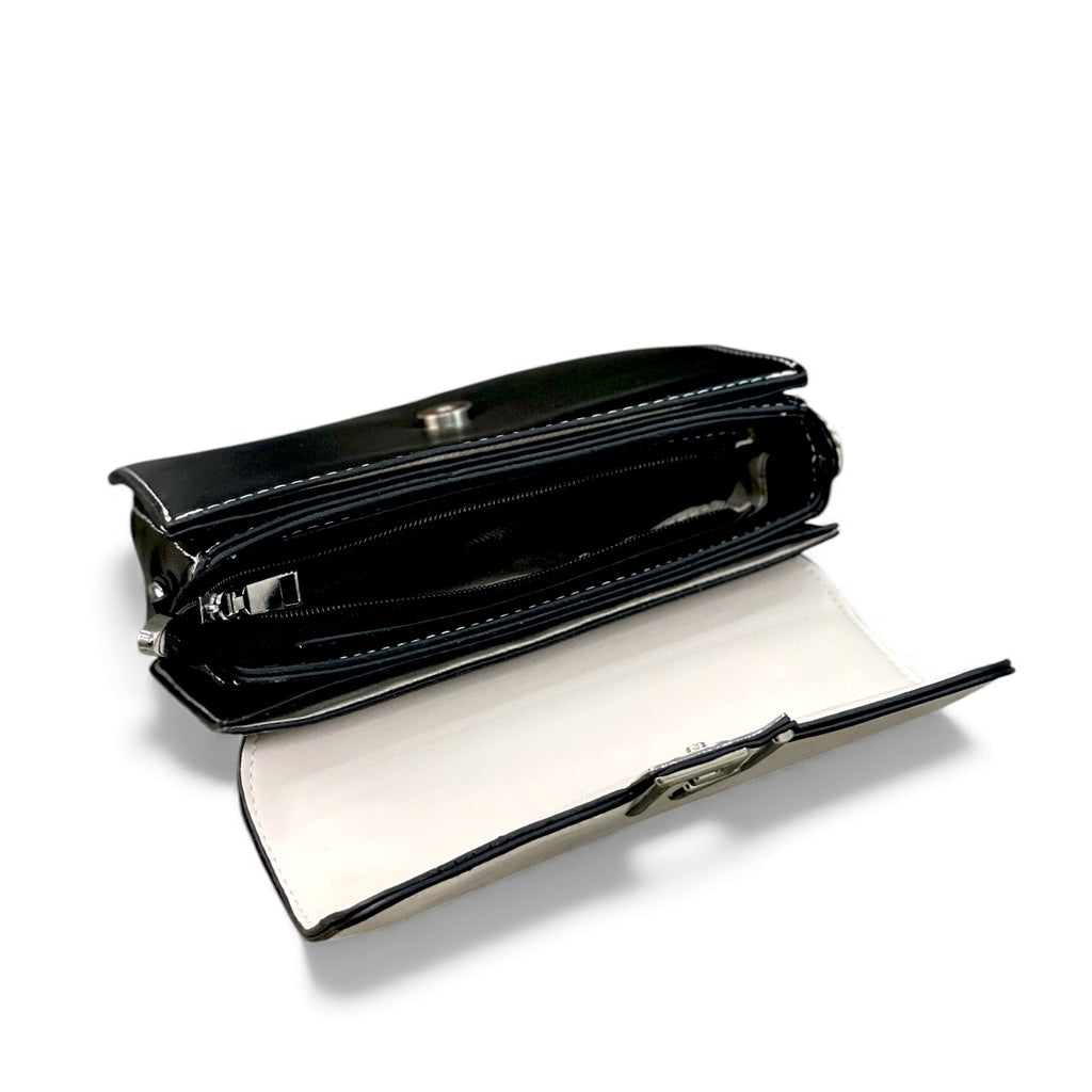 Elegant Two-Tone Black & Ivory Top-Handle Bag – Compact Chic