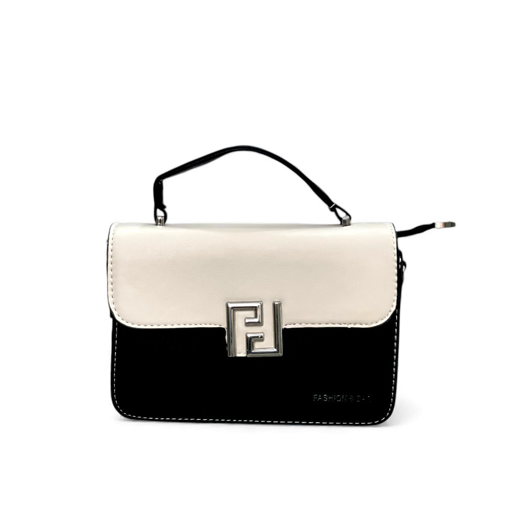 Elegant Two-Tone Black & Ivory Top-Handle Bag – Compact Chic