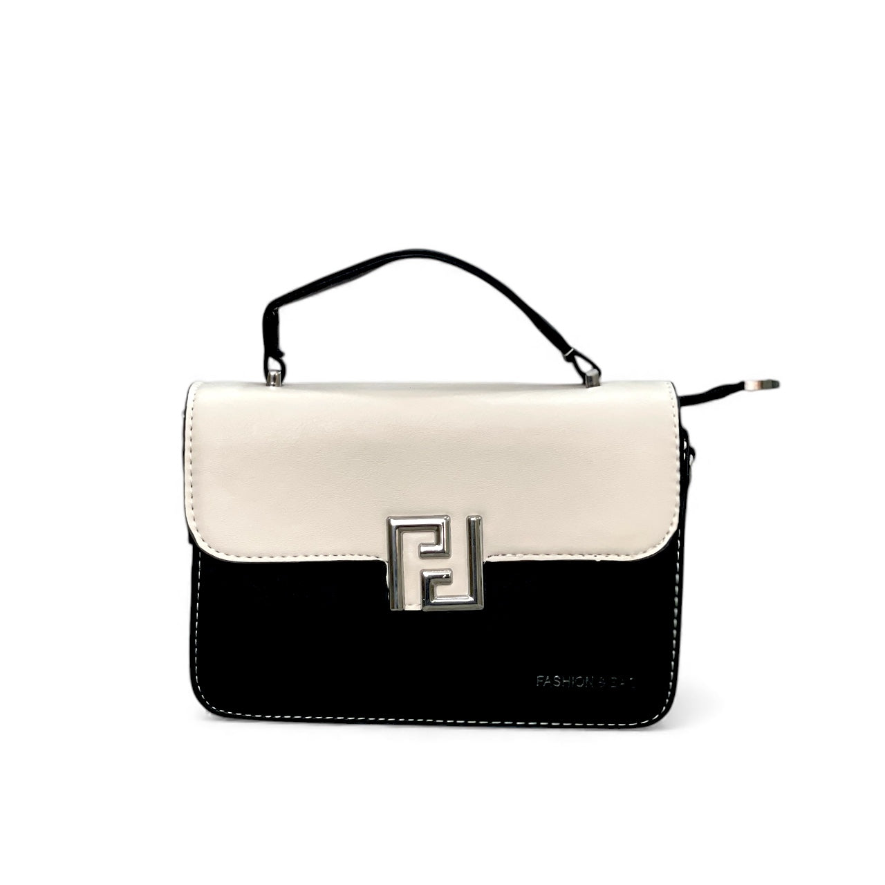 Elegant Two-Tone Black & Ivory Top-Handle Bag – Compact Chic