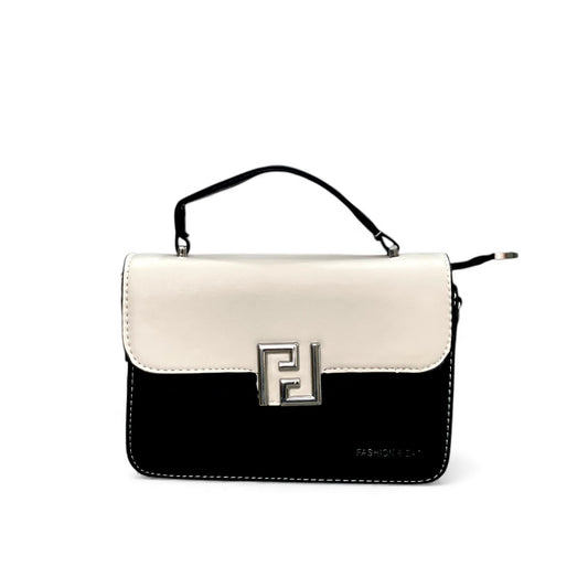 Elegant Two-Tone Black & Ivory Top-Handle Bag – Compact Chic