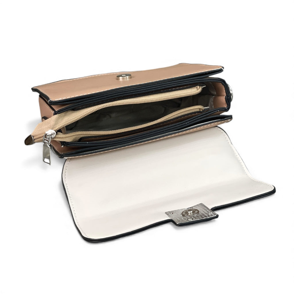 Elegant Two-Tone Beige & Ivory Two-Tone Top-Handle Bag – Soft Neutral Satchel – Compact Chic