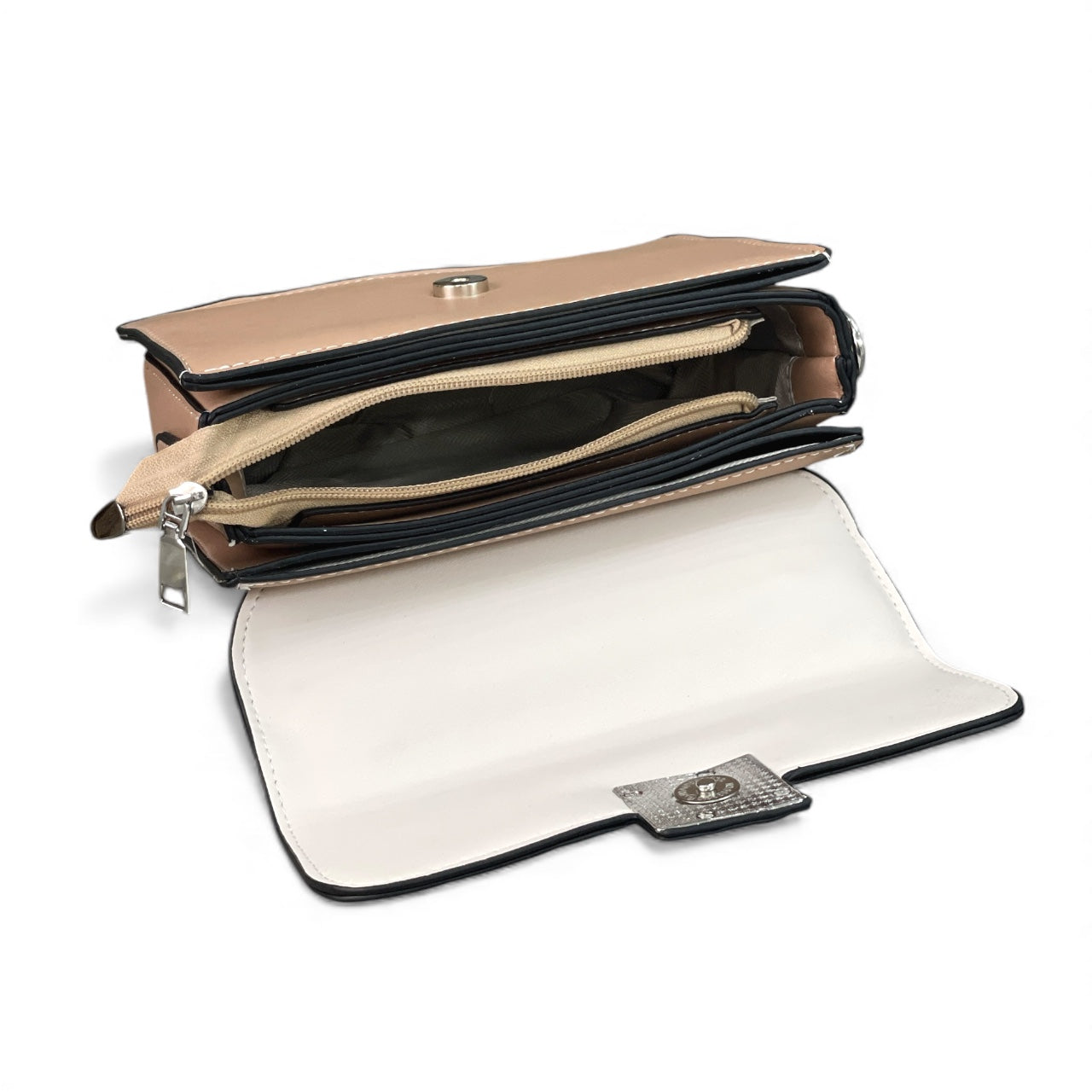 Elegant Two-Tone Beige & Ivory Two-Tone Top-Handle Bag – Soft Neutral Satchel – Compact Chic