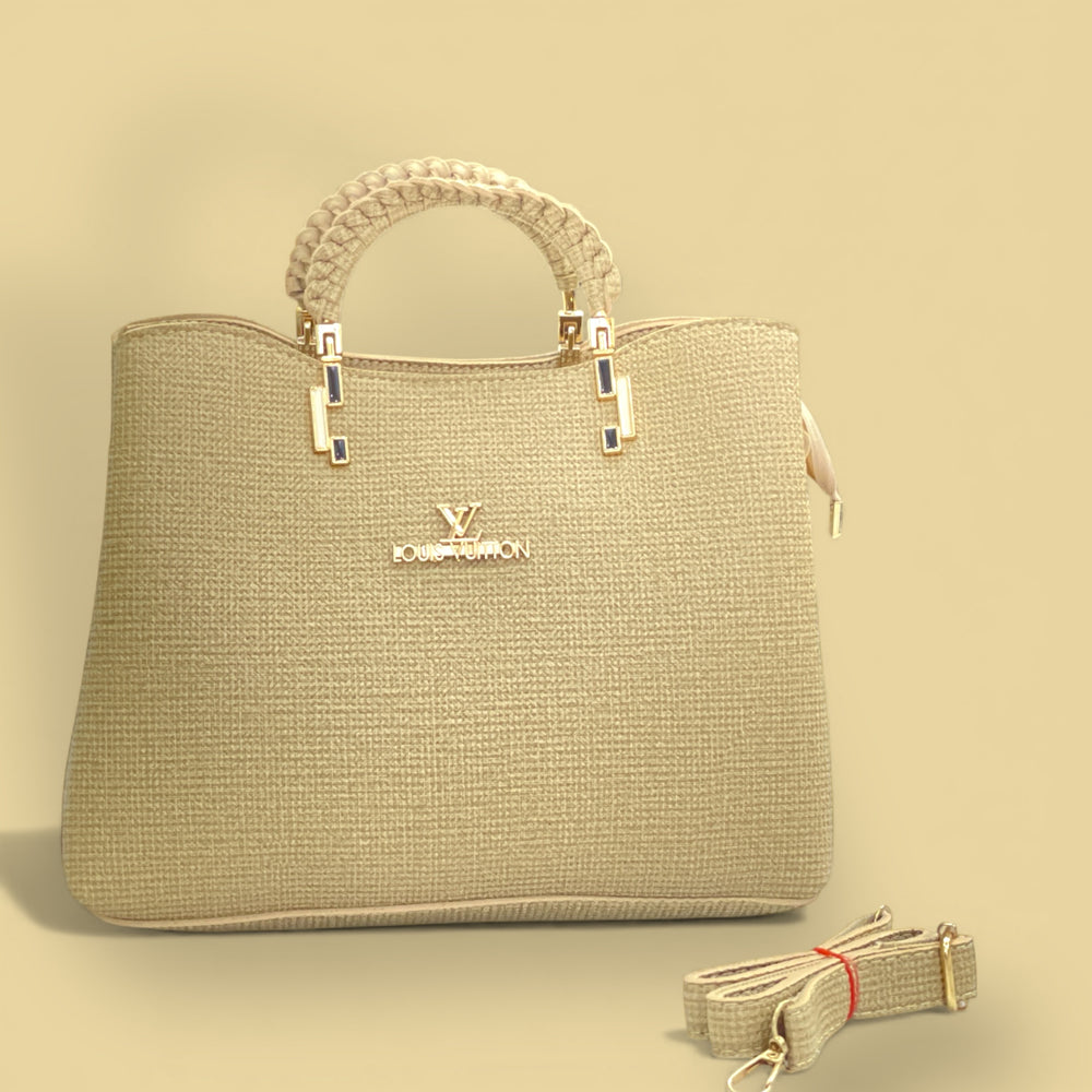 Beige Luxury Designer Handbag with Braided Handle & Detachable Strap – Free Gift Included