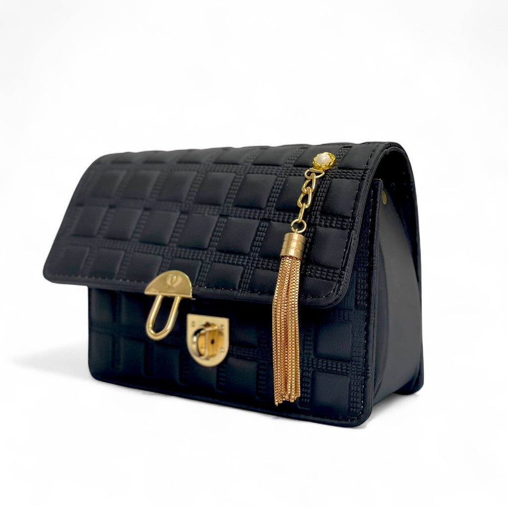 Black kickza Shoulder and Crossbody Bag with Gold Chain & Tassel – With a Gift