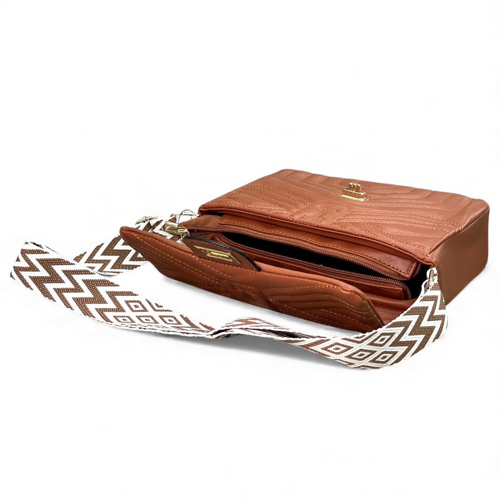 Brown Quilted Flap Shoulder Bag with Twist Lock – Elegant Women’s Handbag - With Free Gift