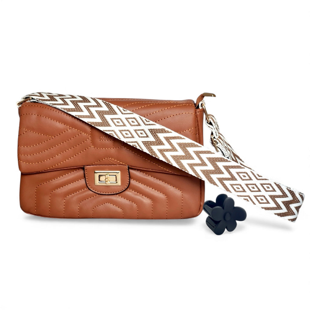 Brown Quilted Flap Shoulder Bag with Twist Lock – Elegant Women’s Handbag - With Free Gift