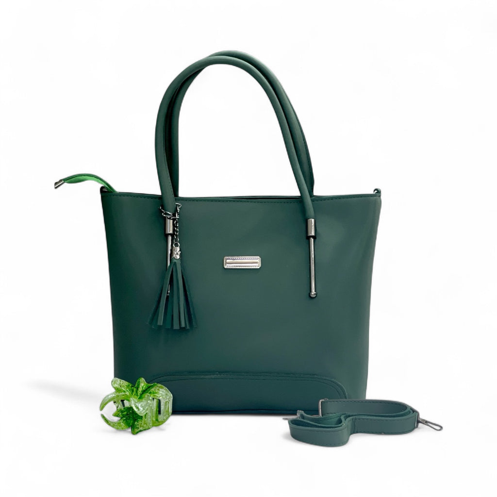 Green Classic Women’s Tote Bag with Metal Accents – Elegant Everyday Handbag - With Free Gift