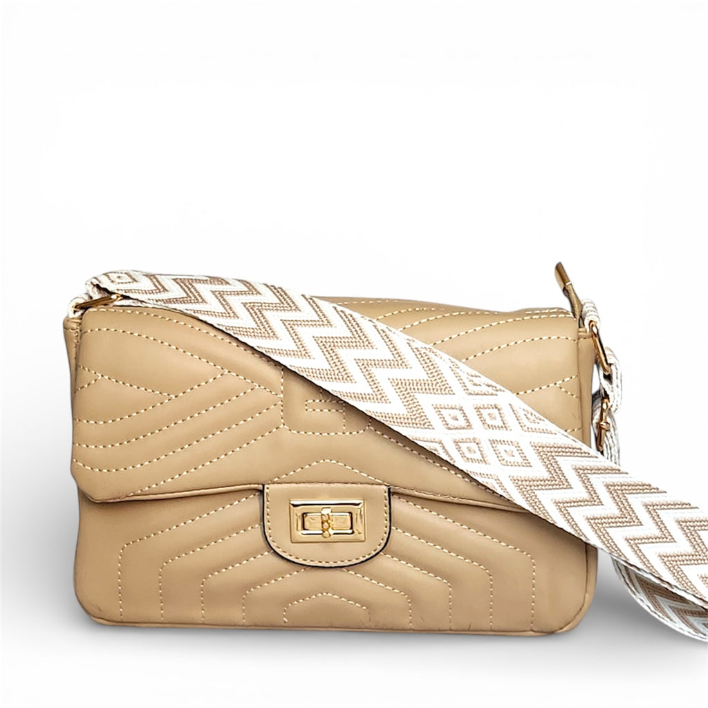 Beige Quilted Flap Shoulder Bag with Twist Lock – Elegant Women’s Handbag - With Free Gift