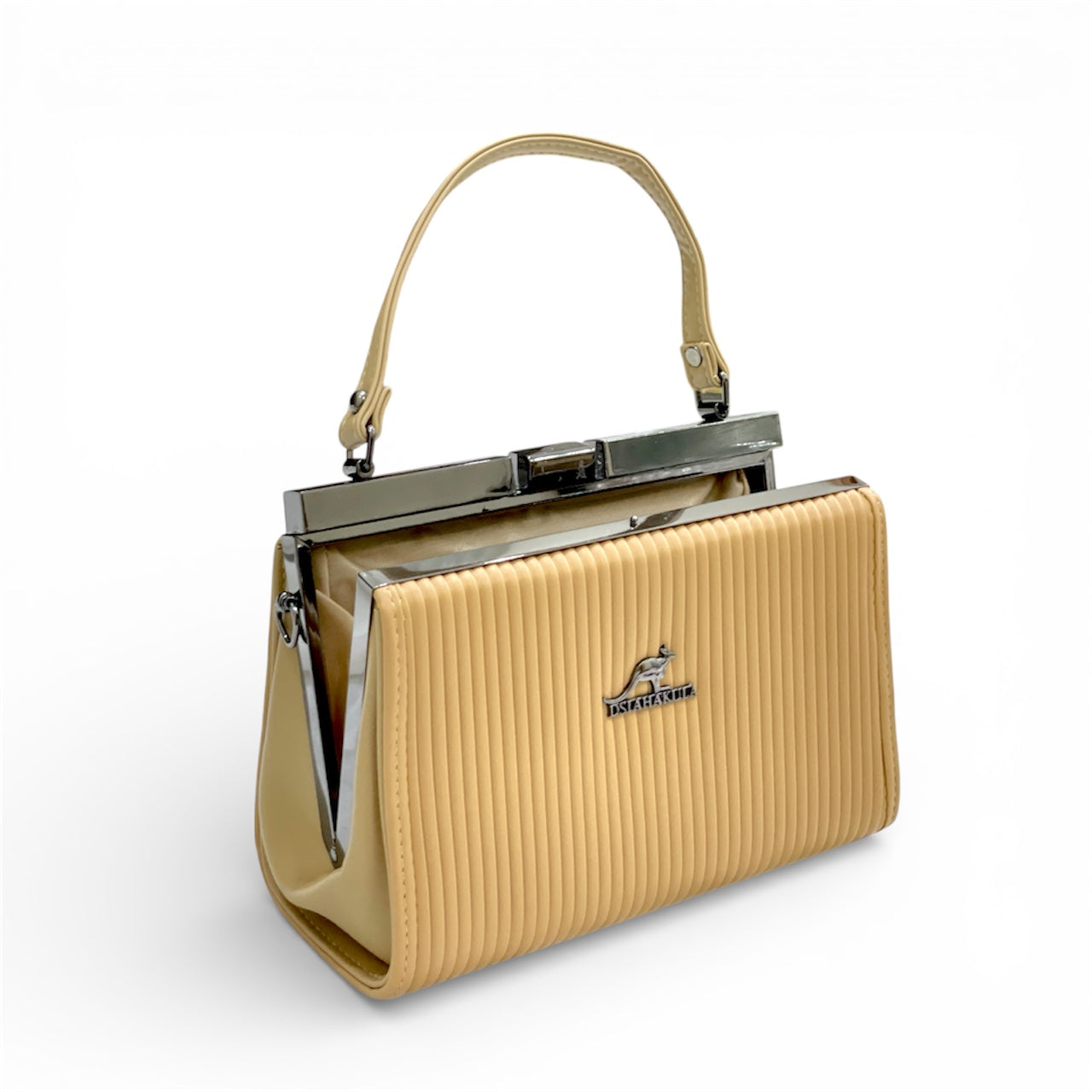 Beige Elegant Pleated Top-Handle Hand Bag – Frame Closure, with chain Strap