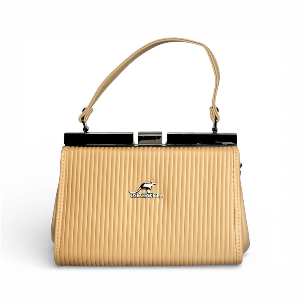 Beige Elegant Pleated Top-Handle Hand Bag – Frame Closure, with chain Strap