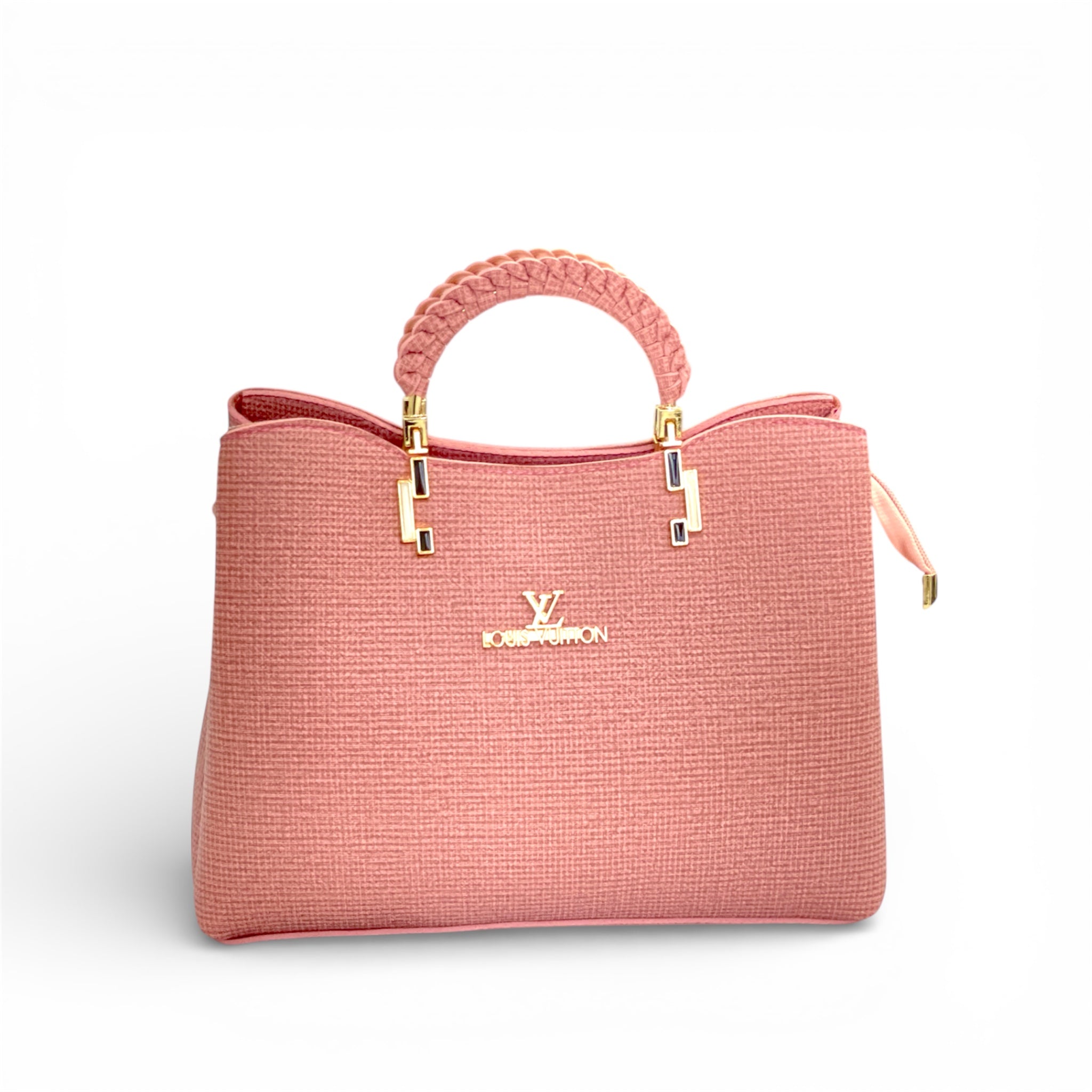 Pink Luxury Designer Handbag with Braided Handle & Detachable Strap – Free Gift Included