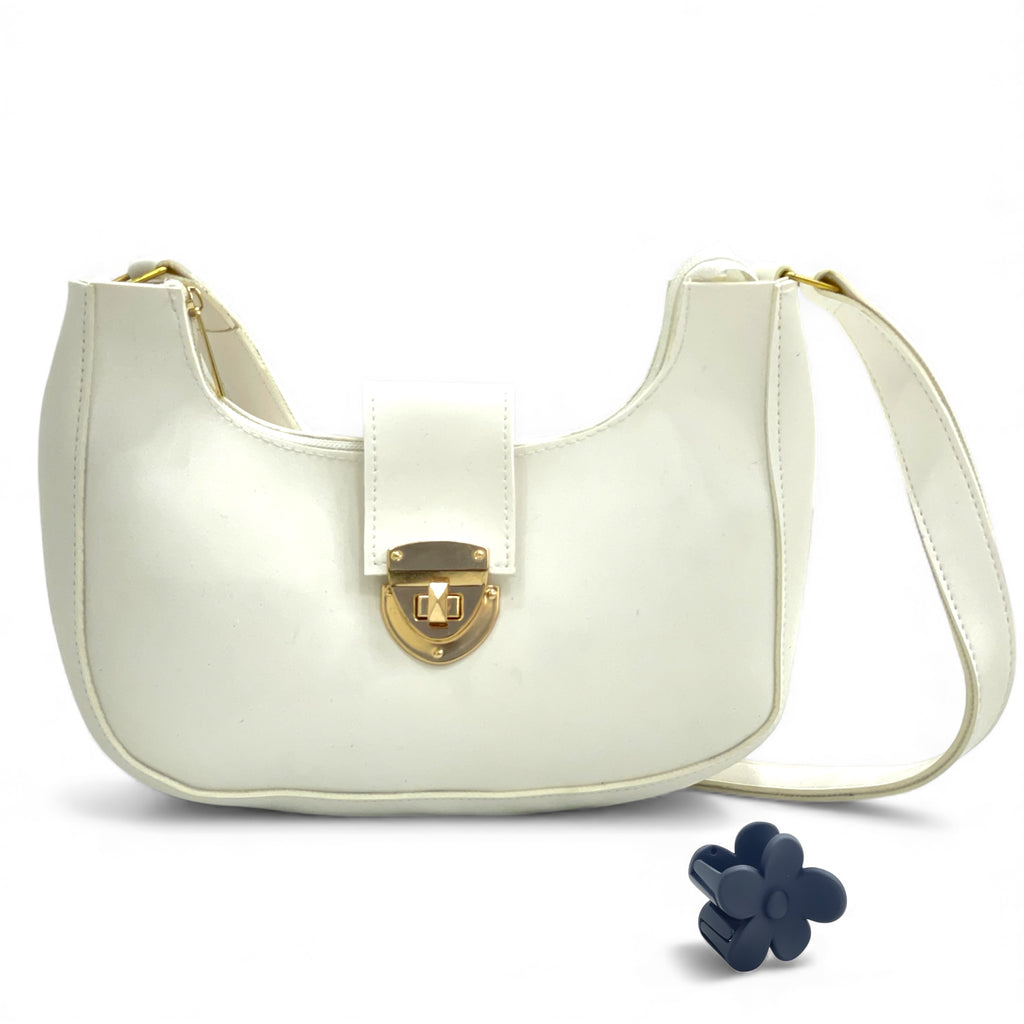 White Elegant Half Moon Bag – Women’s Shoulder & Crossbody Handbag - With free gift