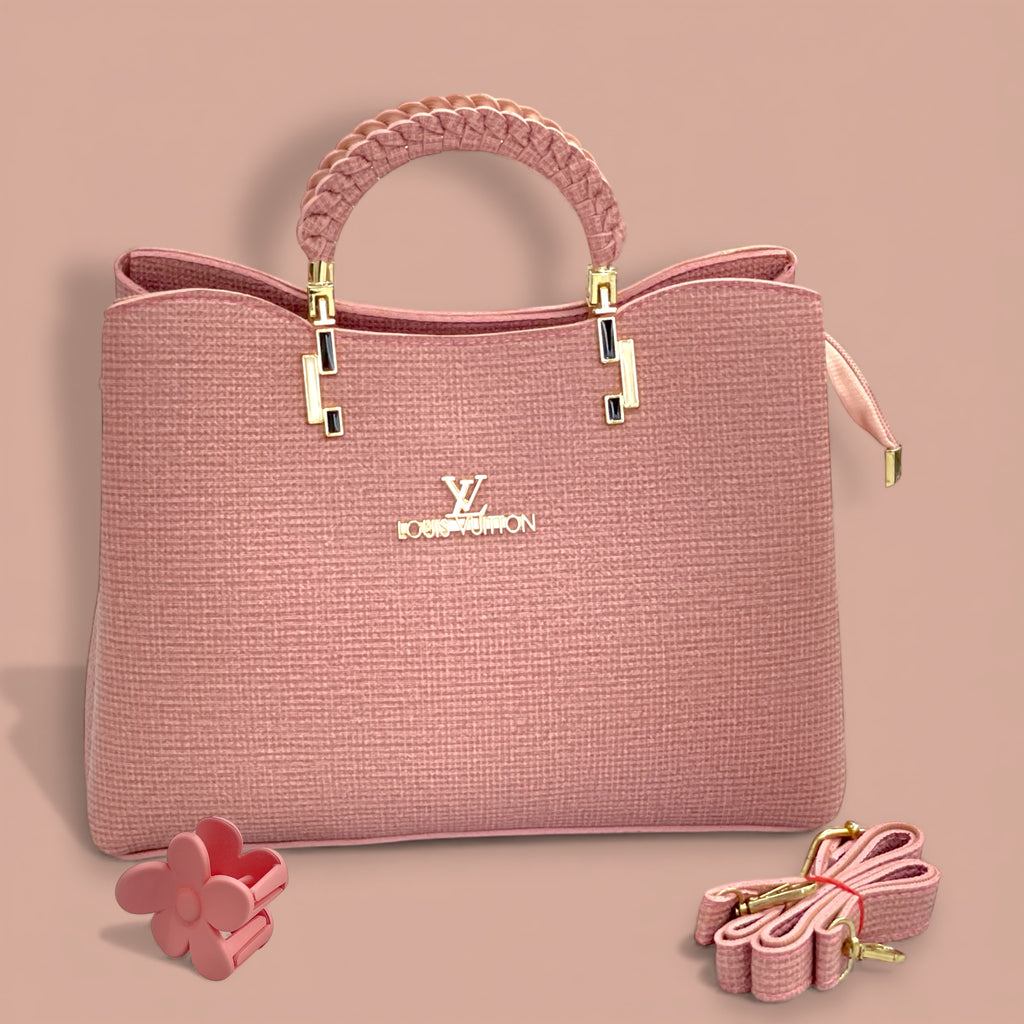 Pink Luxury Designer Handbag with Braided Handle & Detachable Strap – Free Gift Included