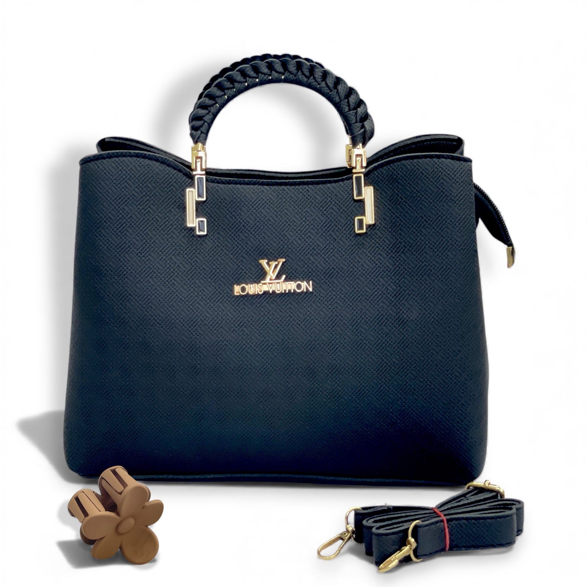 Black Luxury Designer Handbag with Braided Handle & Detachable Strap – Free Gift Included