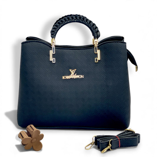 Black Luxury Designer Handbag with Braided Handle & Detachable Strap – Free Gift Included