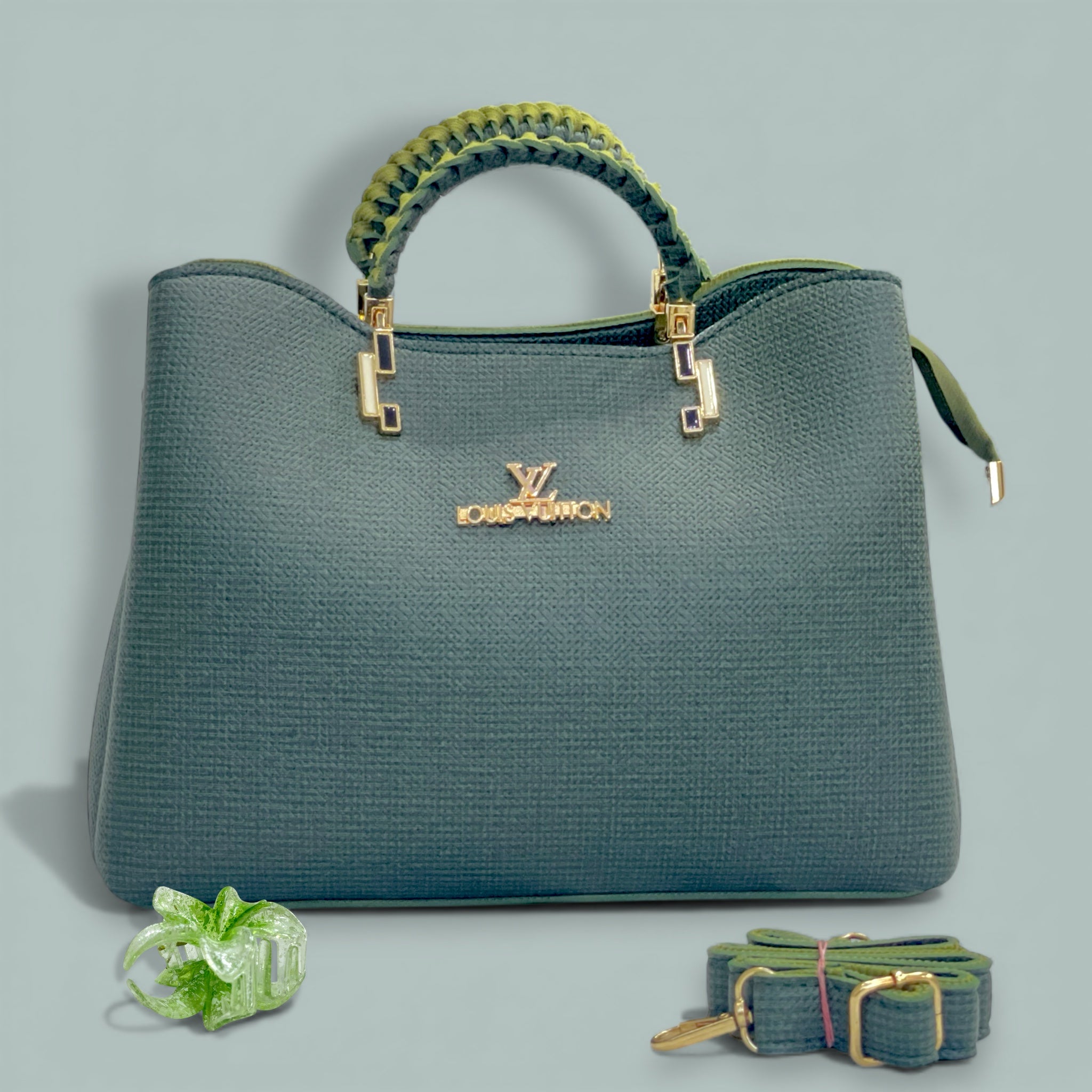 Green Luxury Designer Handbag with Braided Handle & Detachable Strap – Free Gift Included