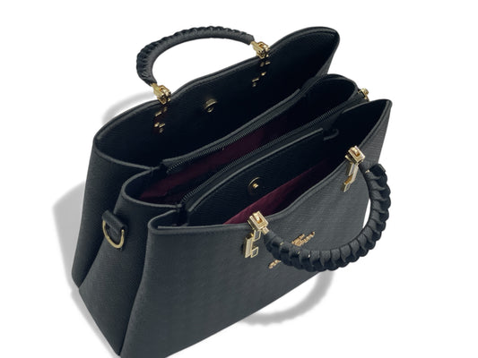 Black Luxury Designer Handbag with Braided Handle & Detachable Strap – Free Gift Included