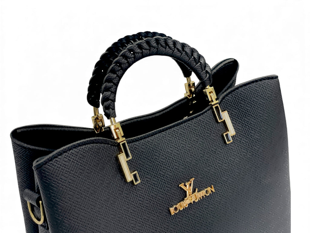 Black Luxury Designer Handbag with Braided Handle & Detachable Strap – Free Gift Included