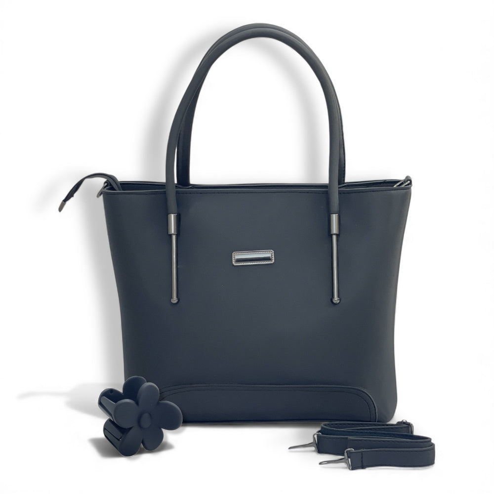 Black Classic Women’s Tote Bag with Metal Accents – Elegant Everyday Handbag - With Free Gift