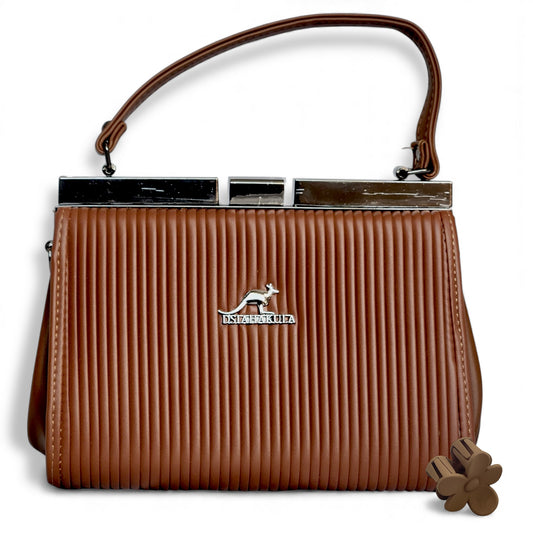 Brown Elegant Pleated Top-Handle Hand Bag – Frame Closure, with chain Strap