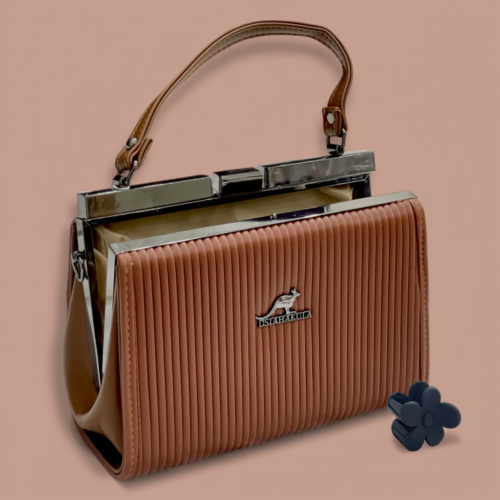 Brown Elegant Pleated Top-Handle Hand Bag – Frame Closure, with chain Strap