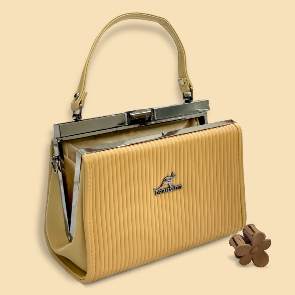 Beige Elegant Pleated Top-Handle Hand Bag – Frame Closure, with chain Strap