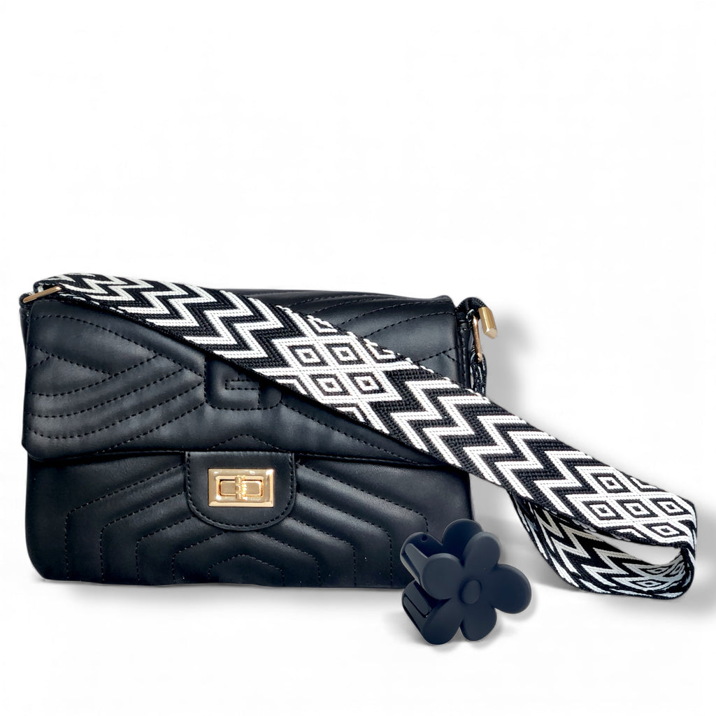 Black Quilted Flap Shoulder Bag with Twist Lock – Elegant Women’s Handbag - With Free Gift