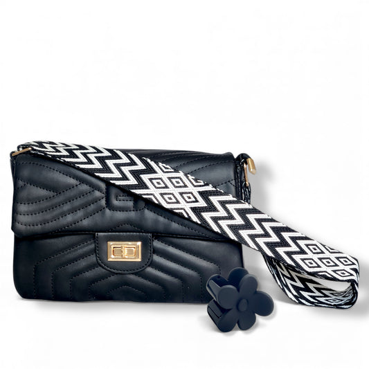 Black Quilted Flap Shoulder Bag with Twist Lock – Elegant Women’s Handbag - With Free Gift