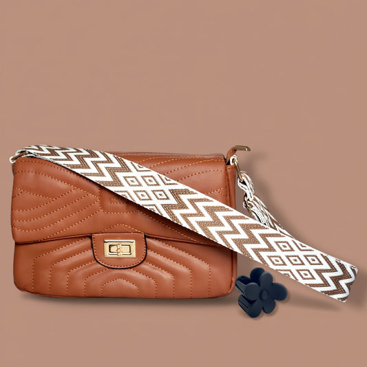 Brown Quilted Flap Shoulder Bag with Twist Lock – Elegant Women’s Handbag - With Free Gift