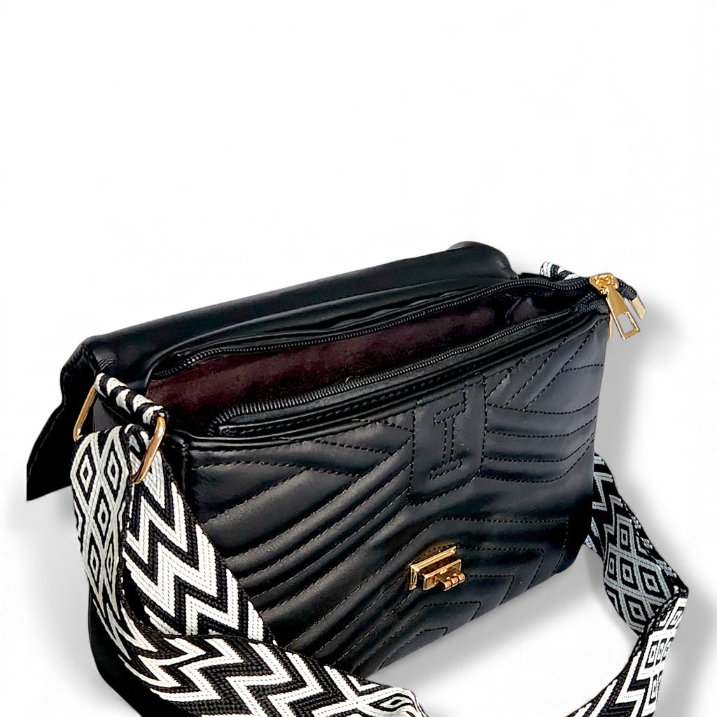 Black Quilted Flap Shoulder Bag with Twist Lock – Elegant Women’s Handbag - With Free Gift