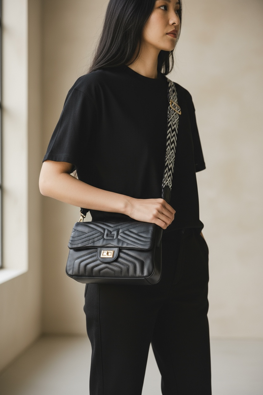 Black Quilted Flap Shoulder Bag with Twist Lock – Elegant Women’s Handbag - With Free Gift