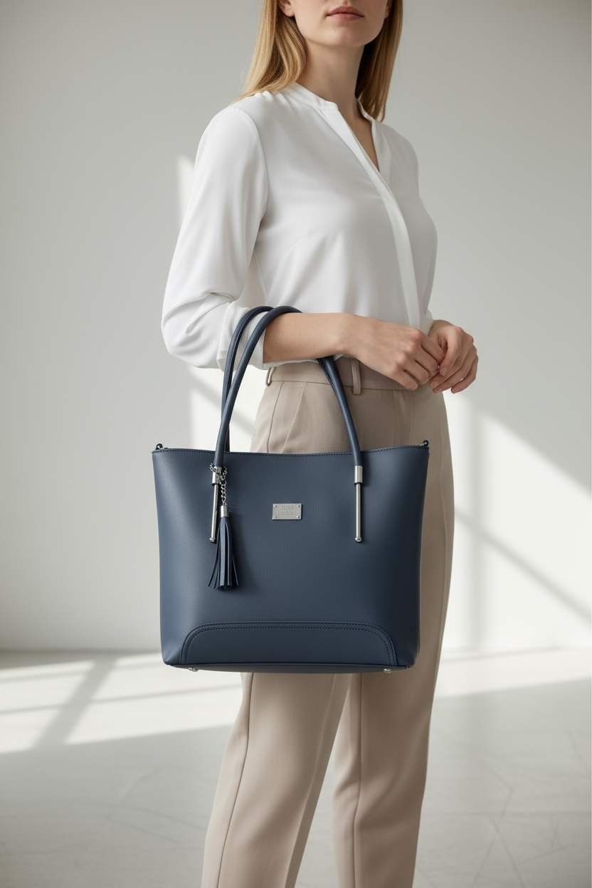 Blue Classic Women’s Tote Bag with Metal Accents – Elegant Everyday Handbag - With Free Gift