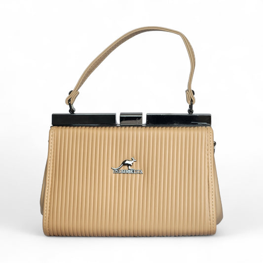 Beige Elegant Pleated Top-Handle Hand Bag – Frame Closure, with chain Strap