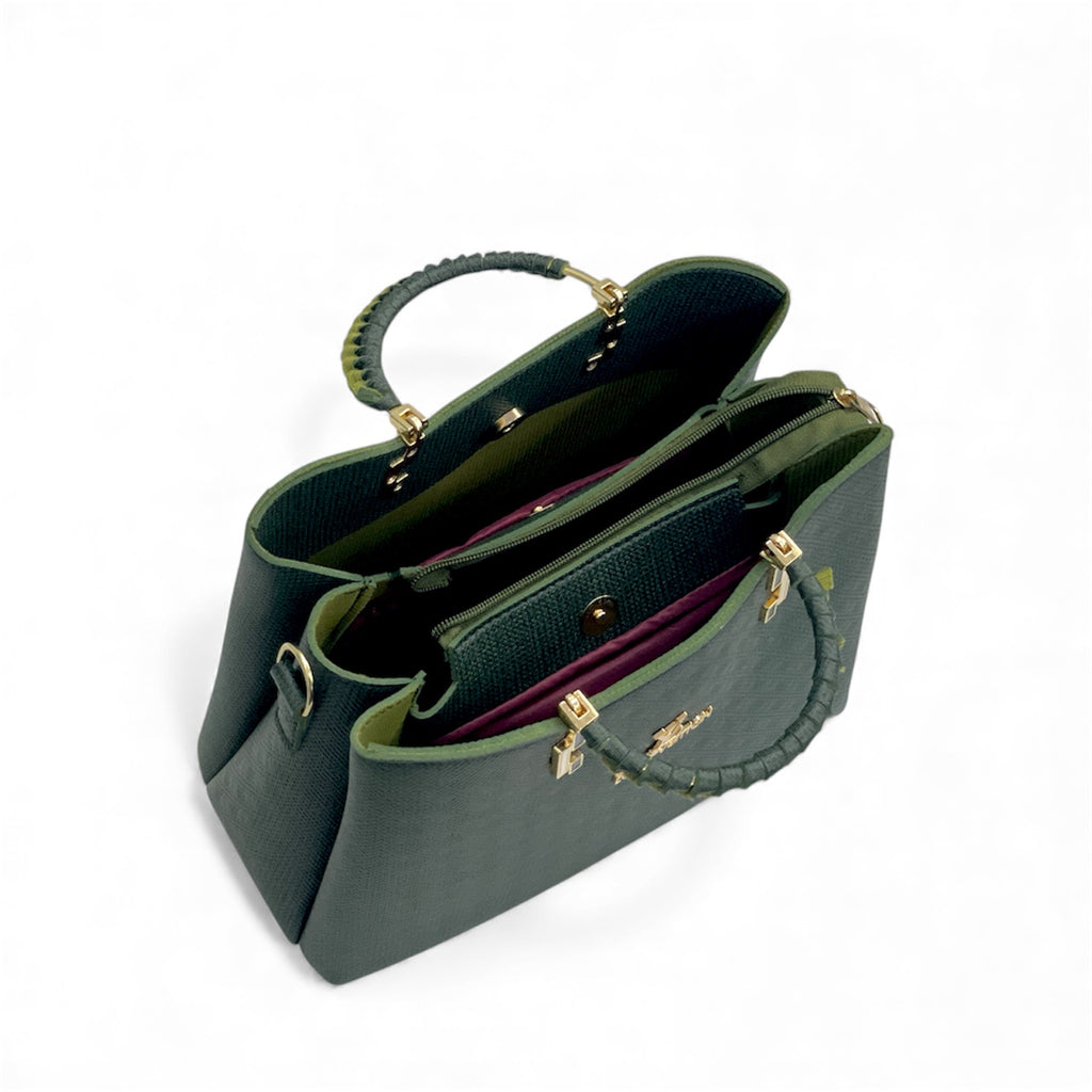 Green Luxury Designer Handbag with Braided Handle & Detachable Strap – Free Gift Included