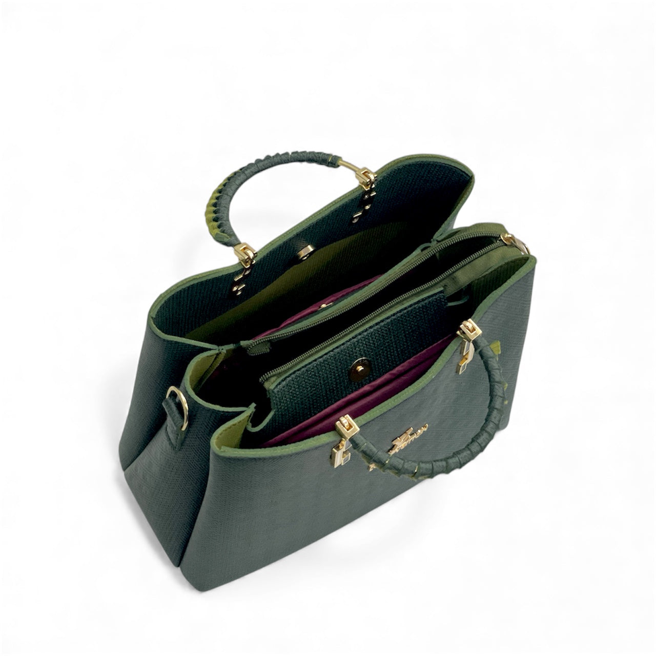 Green Luxury Designer Handbag with Braided Handle & Detachable Strap – Free Gift Included