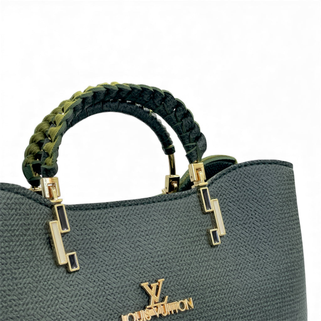 Green Luxury Designer Handbag with Braided Handle & Detachable Strap – Free Gift Included